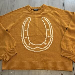 Wrangler Retro Gold Yellow White Horseshoe Knit Graphic Sweater Sz S Western